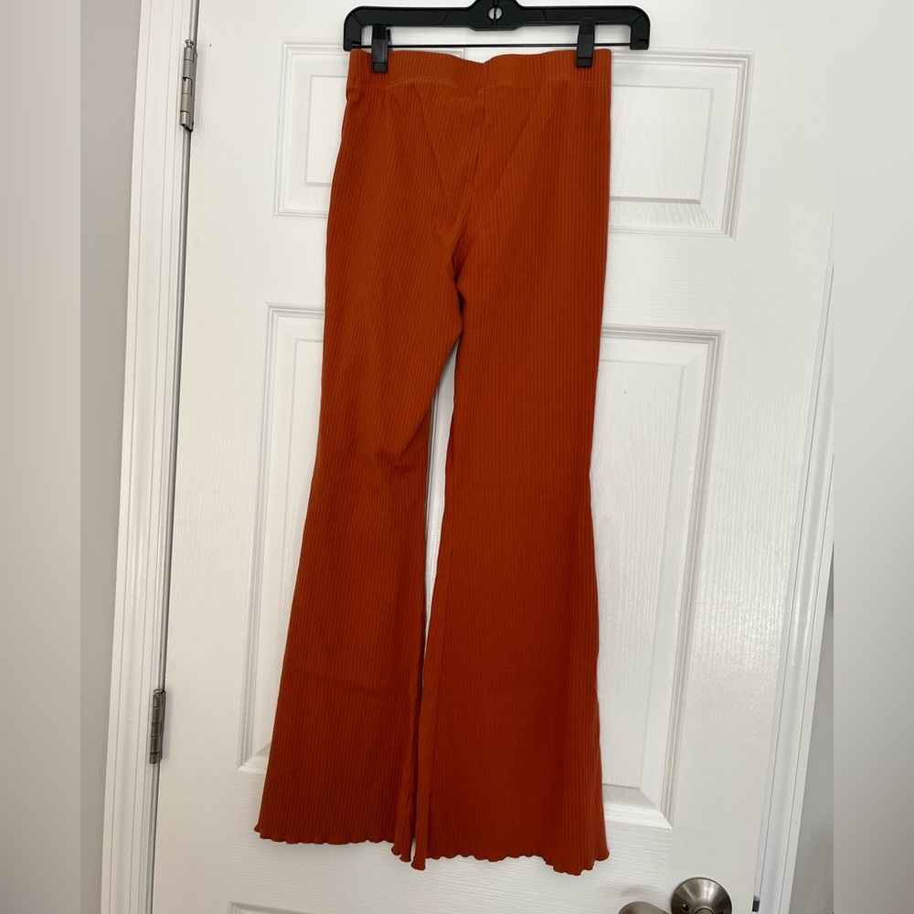 High Waisted Ribbed Flare Leggings in Rust Orange - Picture 2 of 2
